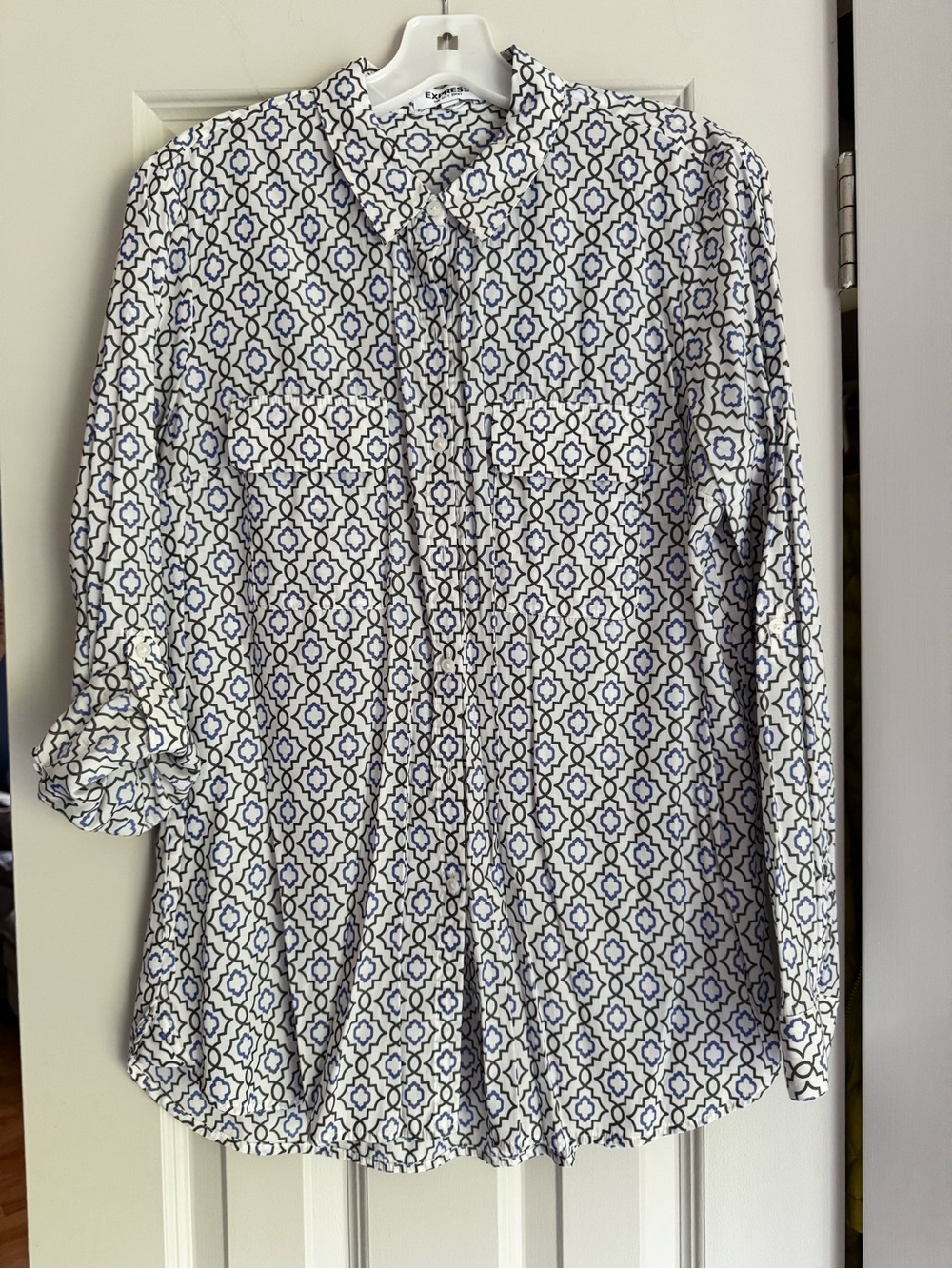 Express Women’s White/Blue/Black Geometric Button-Down Shirt